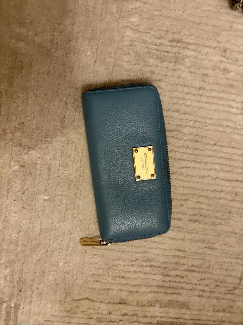 Michael Kors light blue Pebbled Leather Zip Wallet with Gold Plate
